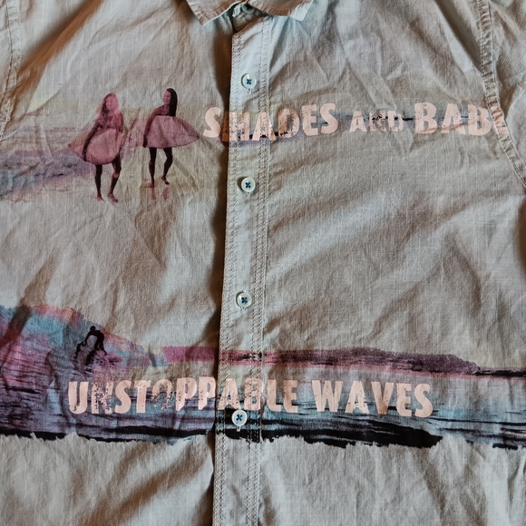 Bar lll Casual Button Down Beach Shirt | Men's - Small | Teal | Text Graphics - Picture 4 of 7